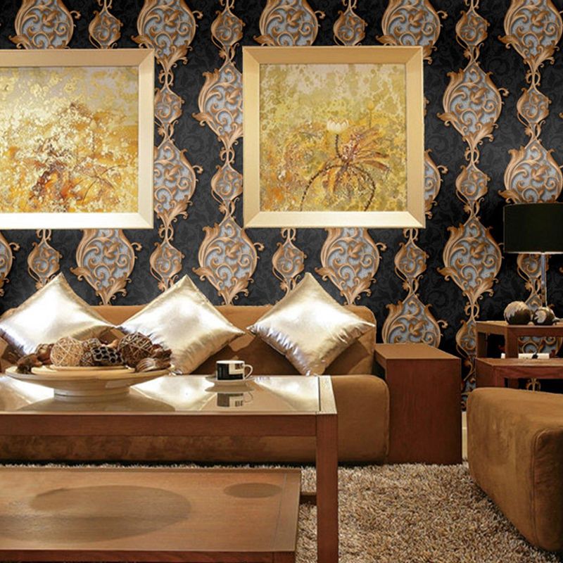 Vintage Swirl Flower String Wallpaper for Bedroom 54.2-sq ft Wall Decor in Gold on Black