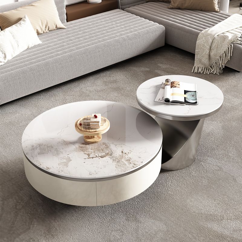 Slate Glam Coffee Table Round Nesting Coffee Table Set with Drawer
