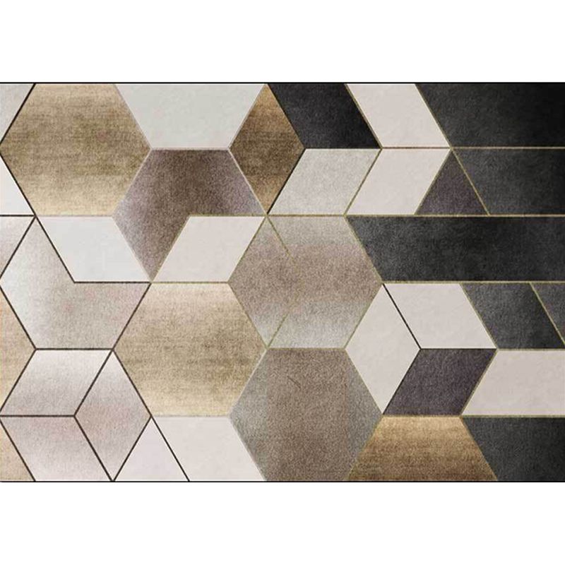 Brown and Black Bedroom Rug Modern Geometry Hexagon Triangle Pattern Area Rug Polyester Washable Carpet
