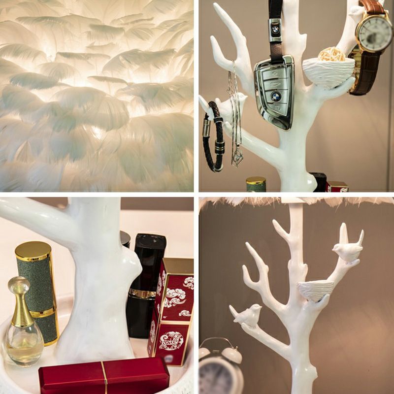 Mesa de rama de árbol artístico Luz de resina de resina individual iluminación de la noche con sombra de plumas en blanco