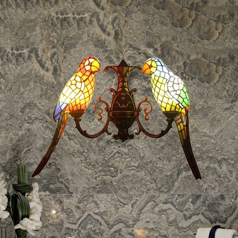 2 Heads Parrots Wall Sconce Light Rustic Lodge Stained Glass Wall Lighting for Living Room
