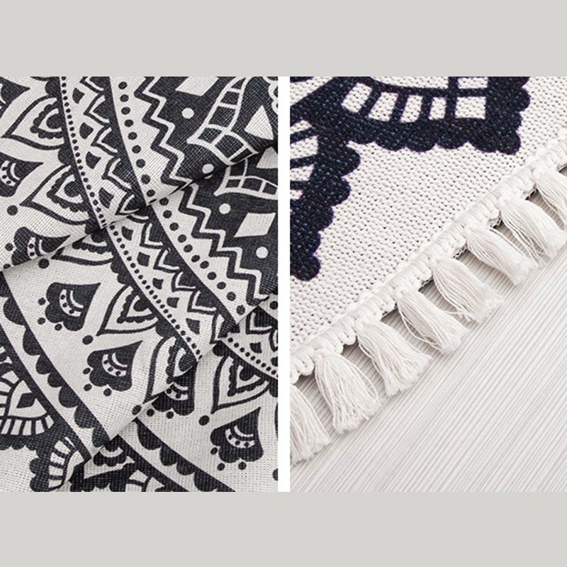 Round White Tone Modern Indoor Rug Cotton Symmetrical Pattern Carpet Easy Care Rug for Home Decoration