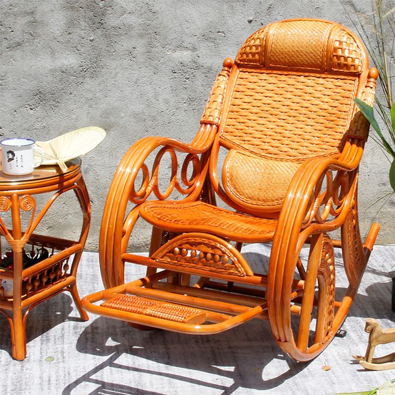 Traditional Rocking Chair Rattan Spindle Backrest Built-in Armrest Indoor Rocking Chair