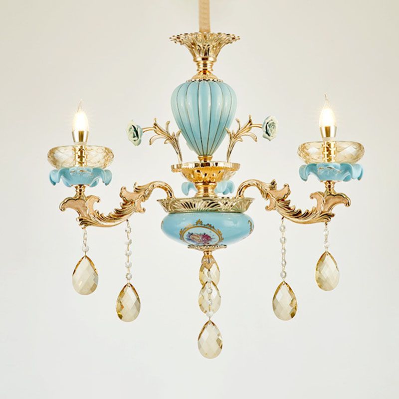 Shallow Bowl Living Room Chandelier Amber Crystal Modern Ceramics Pendant Light Kit in Gold