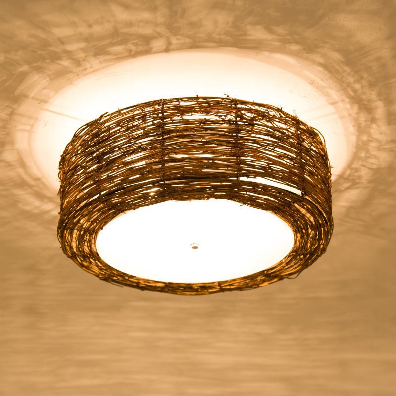 Rattan Rustic Flush Mount Ceiling Light Fixtures 1 Light Drum Flush Ceiling Light Fixture for Bedroom