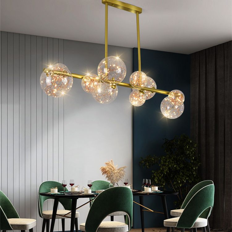 Mid-Century Gold Island Pendant Lighting Spherical Clear Glass Island Ceiling Light for Dining Table