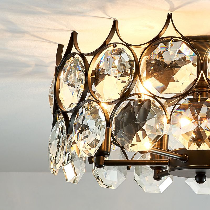Round Dining Room Semi Flush Light Fixture Classic Crystal Embedded 8 Heads Black Ceiling Lamp