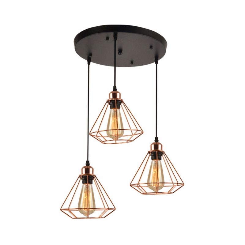 3 Lights Metal Pendant Lamp Loft Style Polished Copper Diamond Caged Indoor Hanging Fixture in Black Finish