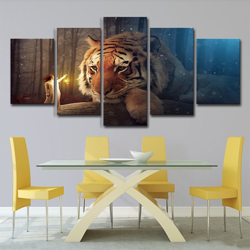 Yellow Kids Canvas Digital Print Giant Tiger and Tiny Girl Wall Art for Living Room