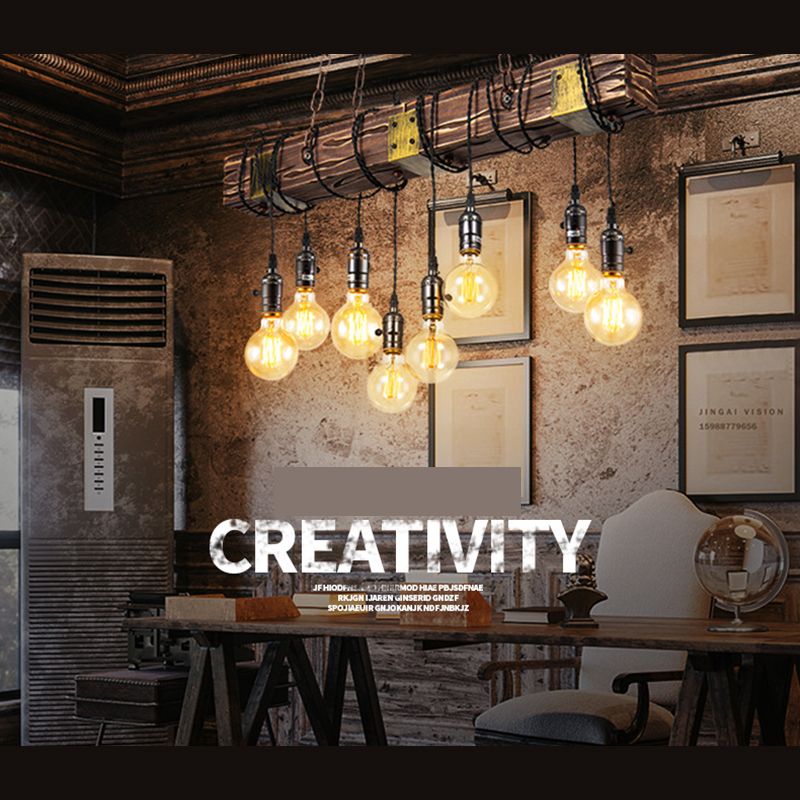 8-Light Wooden Island Pendant Light in Industrial Vintage Style Wrought Iron Ceiling Light for Commercial Place