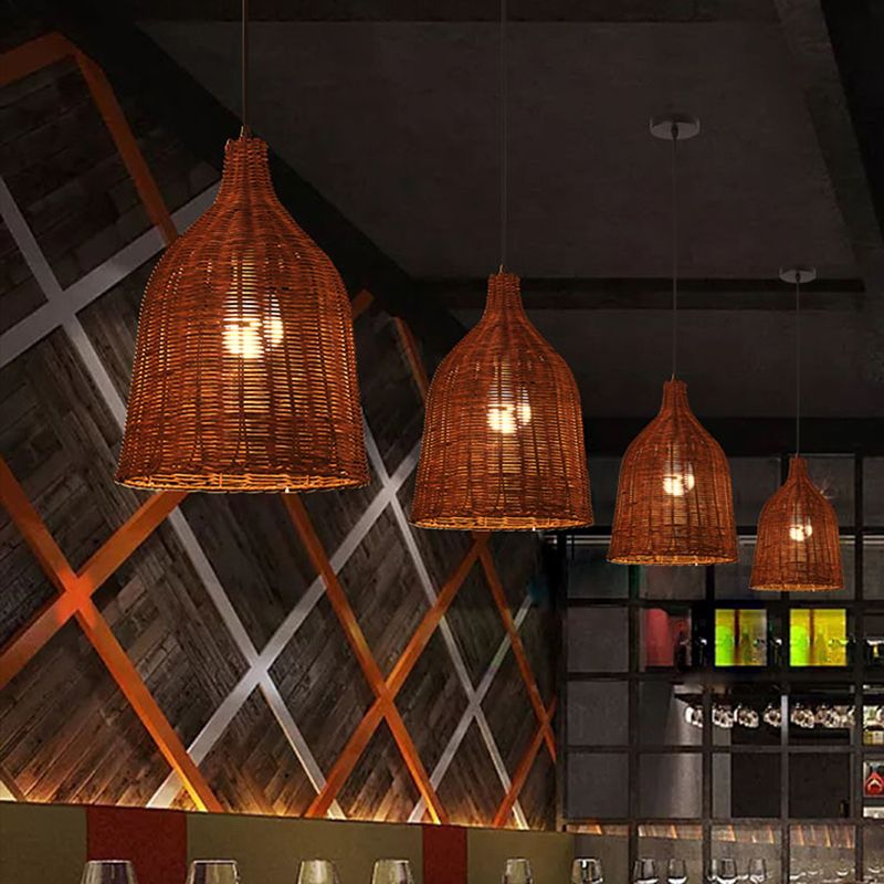 1-Light Hanging Light Fixture Asian Style Pendant Lamp with Rattan Shade for Living Room