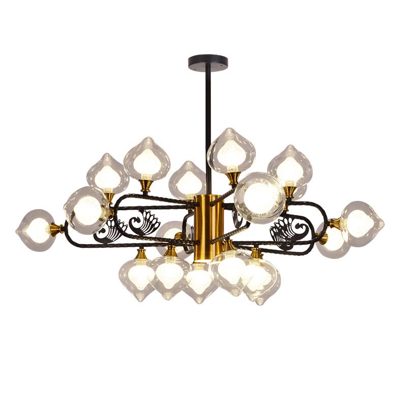 Black-Gold Peach Shaped Chandelier Postmodern 18-Bulb Clear and Frosted Glass Pendant