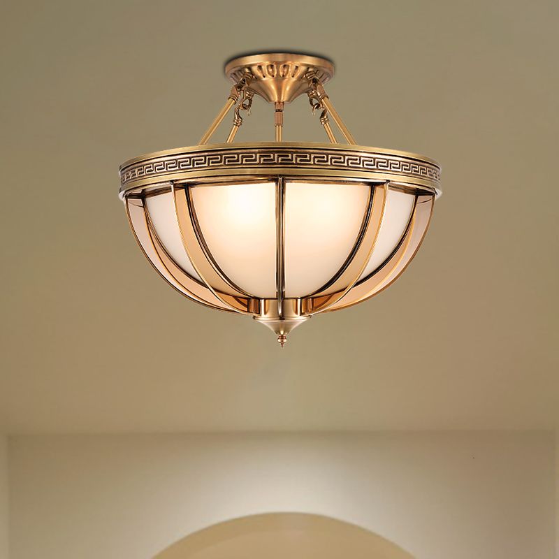 16.5"/20.5" W Ivory Glass Bowl Ceiling Lighting Colonial 3/4 Heads Living Room Semi Flush Mount Light Fixture in Brass