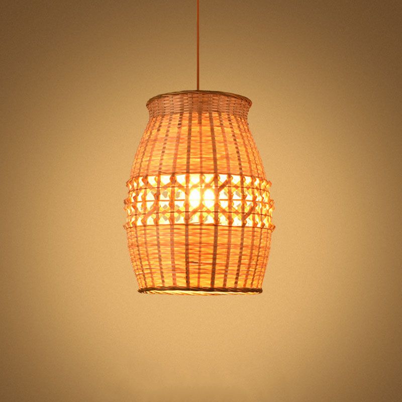 Bamboo Jar Shaped Pendulum Light Asian 1-Light Wood Woven Ceiling Hang Lamp Fixture