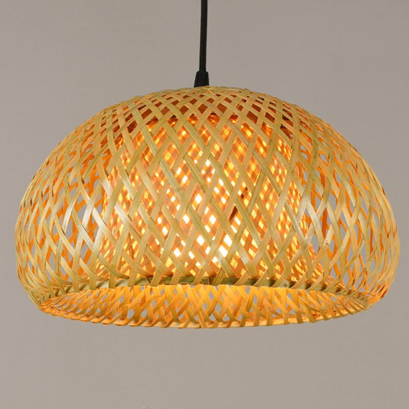 Asian Weaving Style Curved Drum Pendant Lighting Fixtures Rattan 1 Light Suspension Pendant