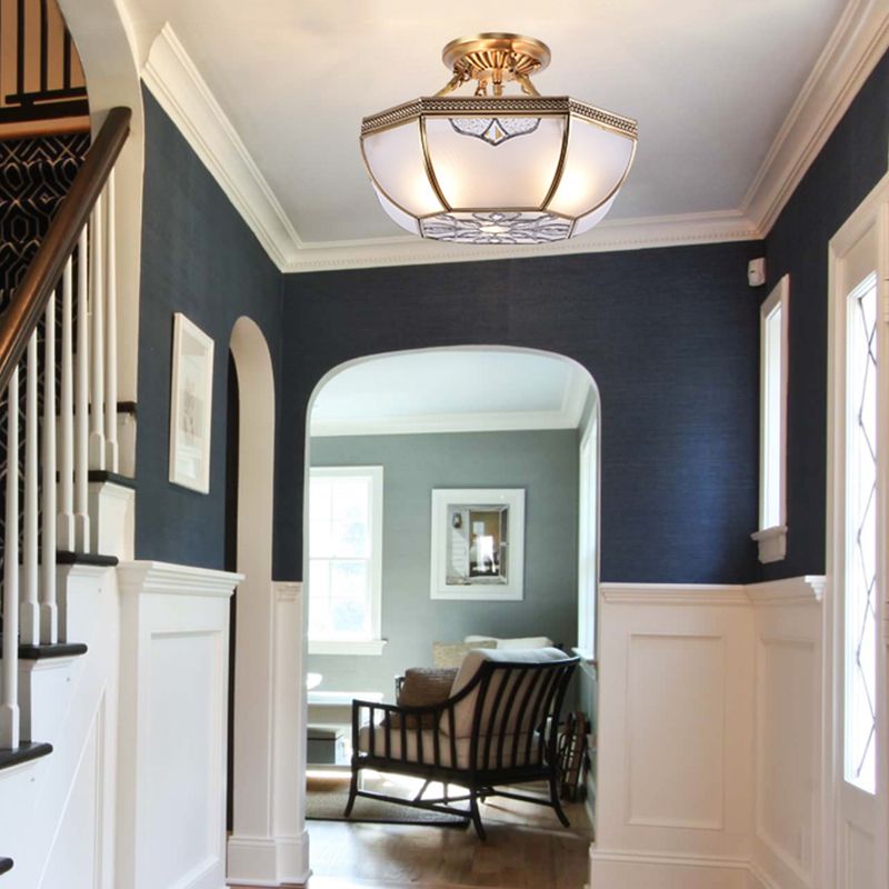 Brass Dome Semi Flush Mount Lamp Traditional Milk Glass 3 Bulbs Ceiling Mounted Light for Living Room