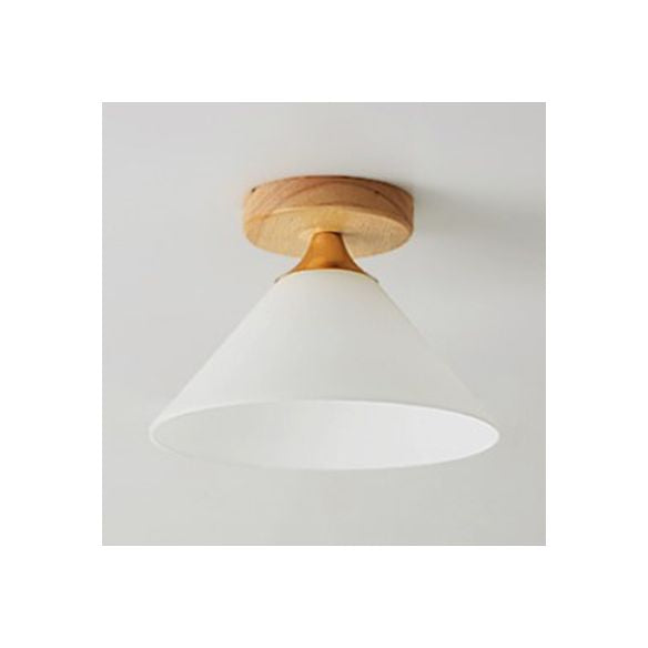 Cône d'abat-jour blanc/plafonnier festonné avec auvent en bois, plafonnier en verre moderne à une lumière pour Foyer