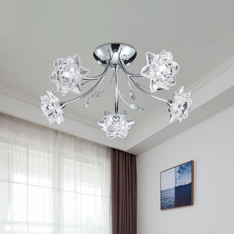 Polished Chrome 5-Head Semi Flush Modern Stylish Crystal Flower Blossom Ceiling Mount Chandelier