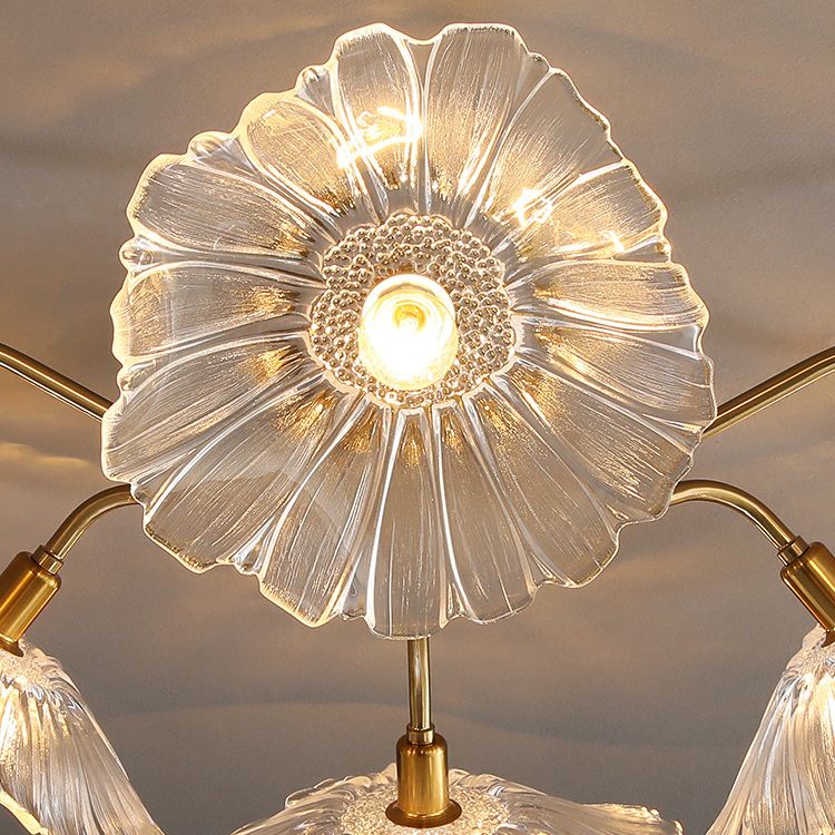Lámpara de semi rascijada de metal dorado iluminación de techo de flores múltiples modernas con sombra de vidrio