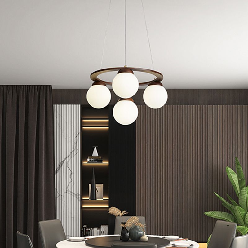 Houten cirkelvormige kroonluchter eenvoud hangend licht met bol wit glazen schaduw