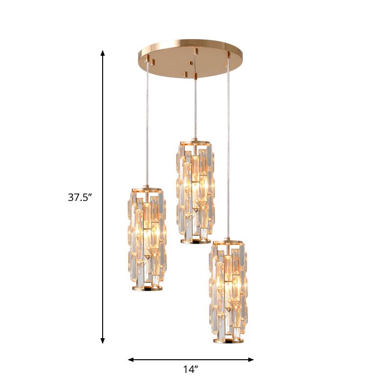 3-Head Multi Light Pendant Modern Bedroom Hanging Lamp with Column Crystal Shade in Gold