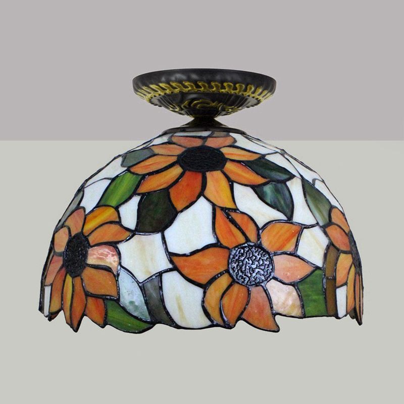 12"/16" W 1-Licht-Sonnenblumen-Deckenleuchte, Tiffany-Messing-Buntglas-Unterputzbeleuchtung