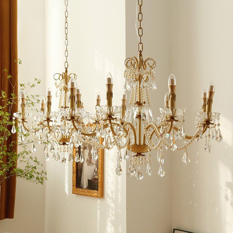 Candle Chandelier Light Fixtures American Style Multi-Head Hanging Pendant Lamps with Crystal Bead