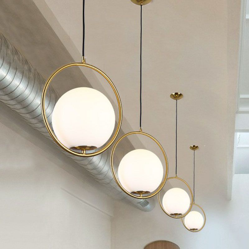 Globe Hanging Lamp Kit Postmodern Style White Glass 1-Head Gold Pendant Light for Restaurant