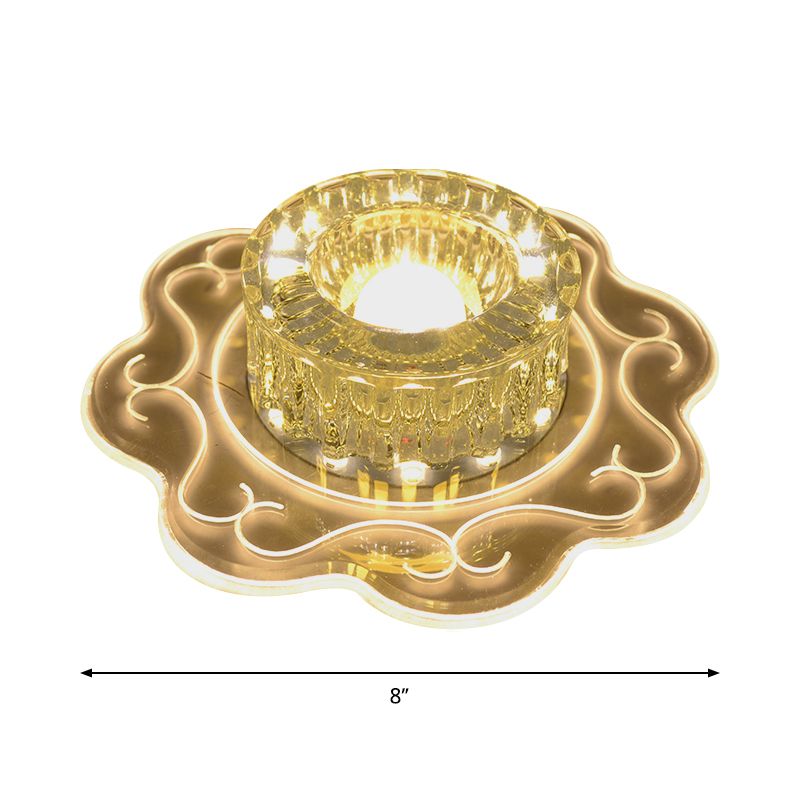 Modern Drum Close to Ceiling Lighting Clear Crystal Glass Balcony LED Flush Mount Lamp, Warm/Multi Color/Red Light