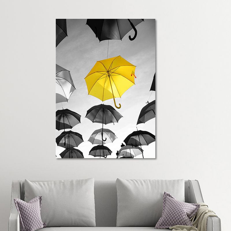 Photo Print Floating Umbrellas Canvas Textured Modern Bedroom Wall Art in Yellow-Black