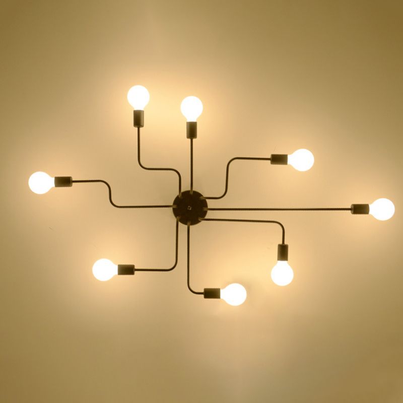 Industrial Vintage Radial Semi Flush Mount Lacquered Iron Ceiling Light in Black