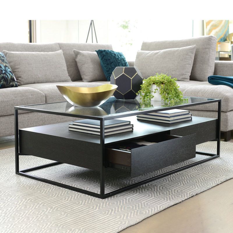 17.7" H Modern Rectangle Glass Coffee Table Metal Frame Cocktail Table with Storage
