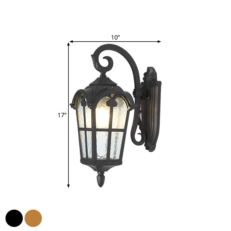 10"/14" W 1 Light Water Glass Wall Lamp Farmhouse Black/Brass Lantern Doorway Wall Lighting with Curvy Arm