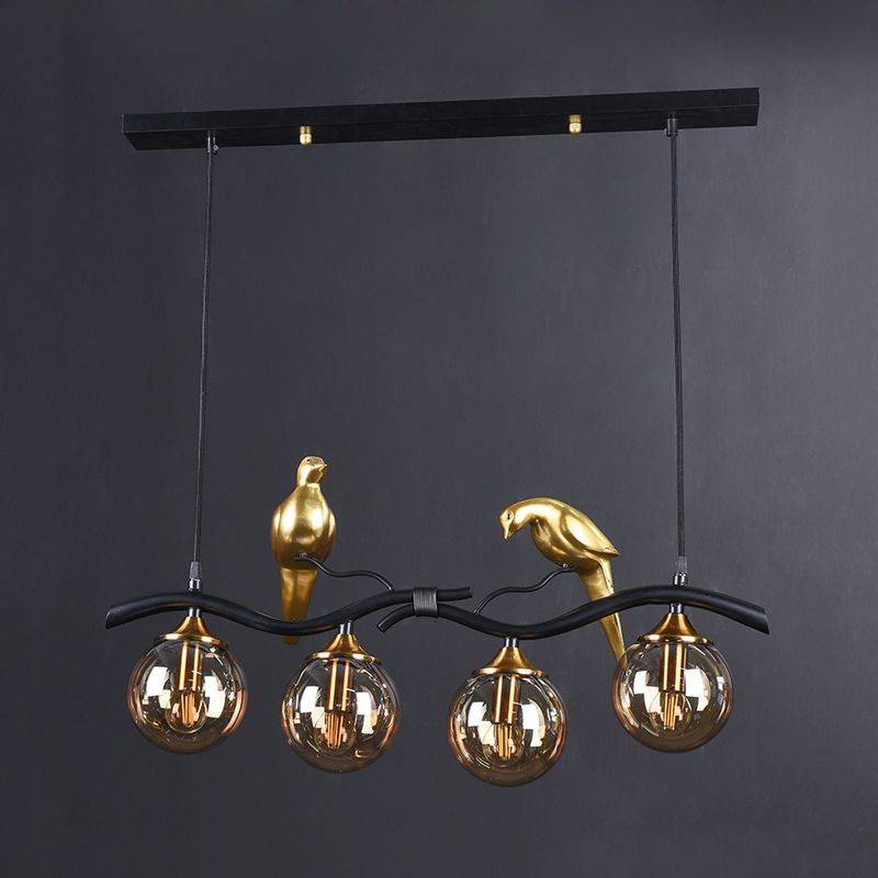 Lampada a sospensione di 4 luci nere/oro, lampada appesa a 4 luci/oro con sfumatura di vetro ambra e deco degli uccelli