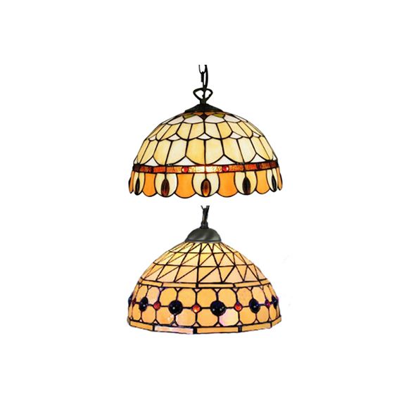 Dining Room Lighting with Circle/Gem Pattern Tiffany Jeweled Ceiling Pendant Lamp with Chain and Stained Glass Shade