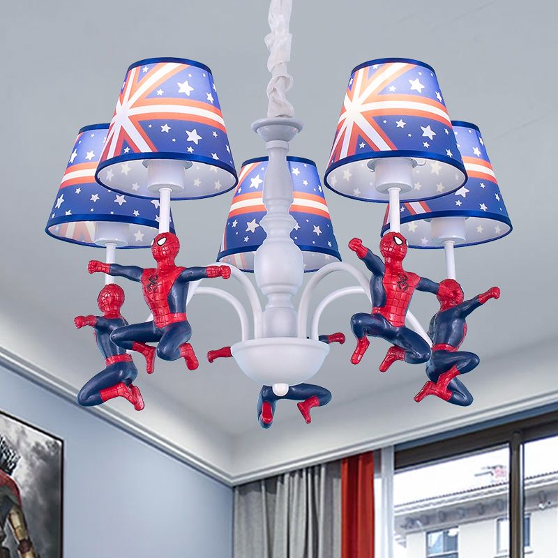 5-Bulb Bedroom Chandelier Lamp Kids Blue Pendant Lighting Fixture with Cone Fabric Shade