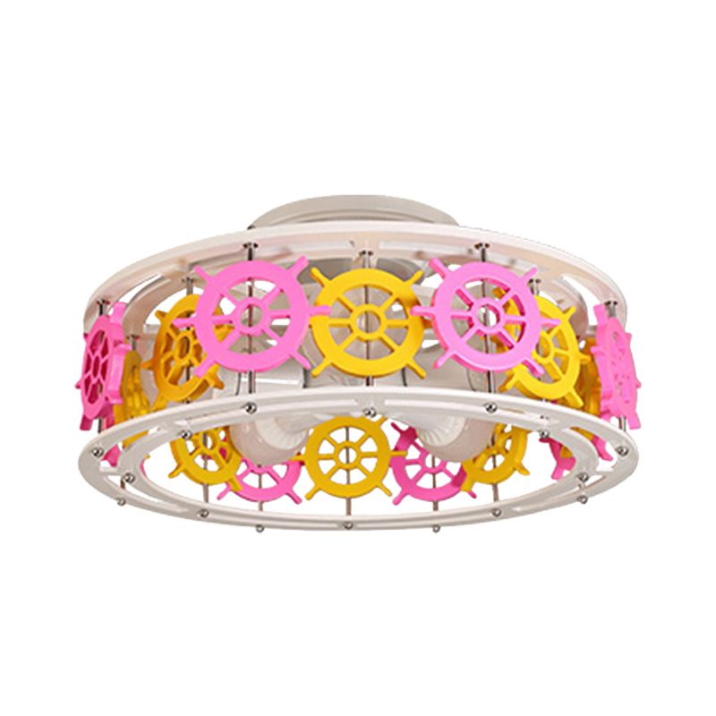 Lámpara semi de al ras del elefante/bote/timón con diseño de tambor de madera para niños de 5 luces rosa y amarillo/rosa y azul.