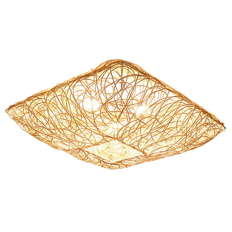 Asian Style Bamboo Ceiling Light Geometric Flush Mount Light for Bedroom