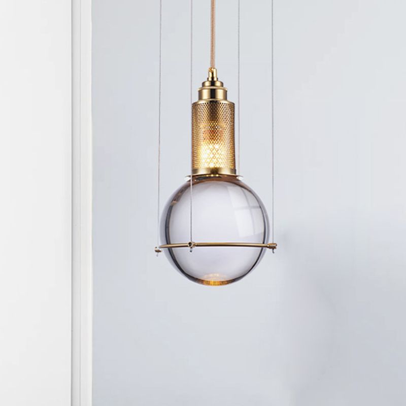 Modern Ball Pendant Lamp Clear Crystal 1 Light LED Bedroom Hanging Lamp with Gold Mesh Cage in Warm/White Light