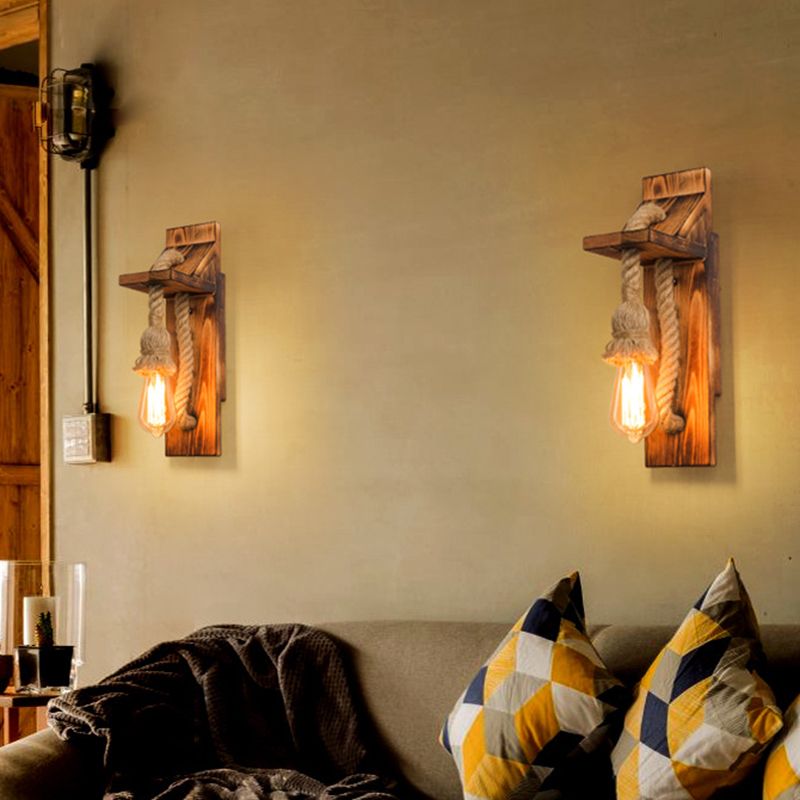 American Rustic Wall Sconce Wooden Natural Rope Sconce Light for Restaurant Coffee Shop