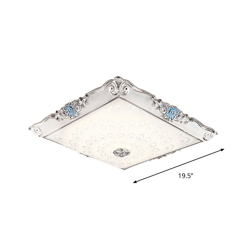 Square Shaped Bedroom Flushmount Light Retro Style Cream Glass LED Blue Ceiling Lamp