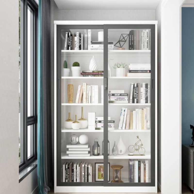 14.9" Wide Whit Bookcase Modern Stainless Steel and Glass Book Shelf With Doors