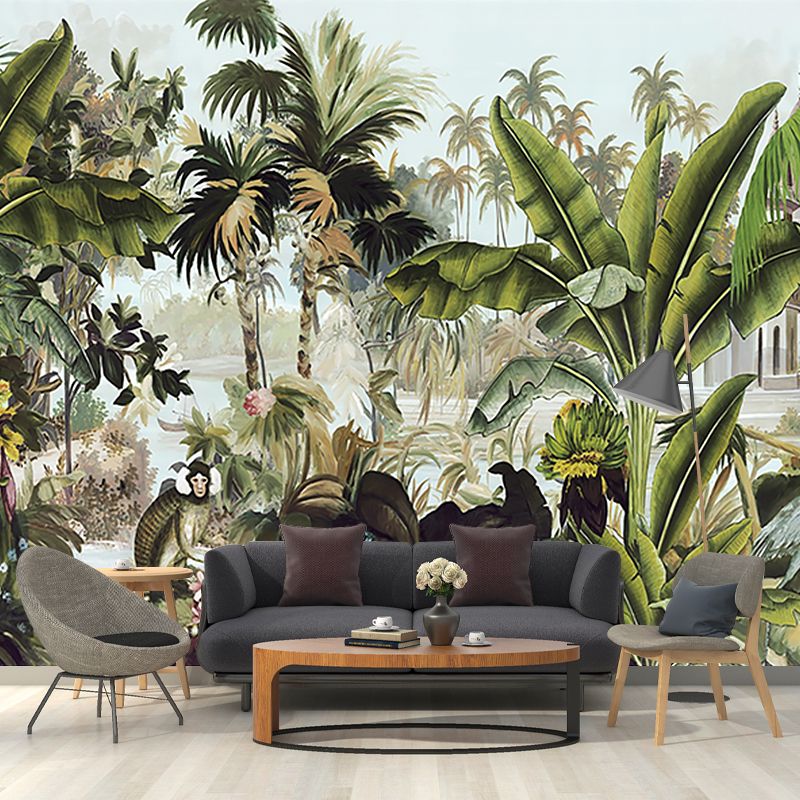 Tropical Plant Manor Wall Mural Green Stain Resistant Wall Covering for Living Room