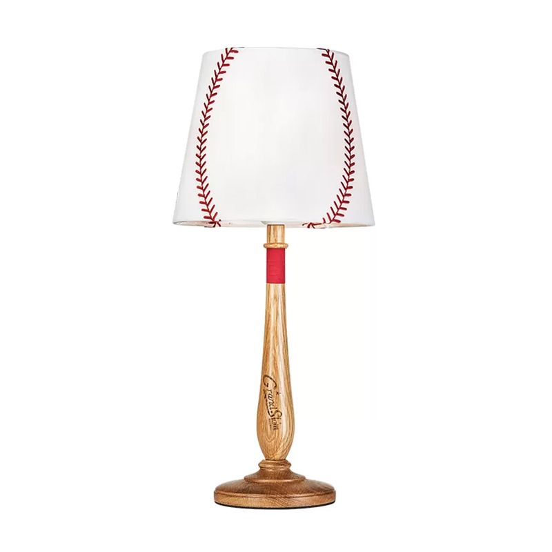 Conical Fabric Table Light Modernism 1-Light Brown/Wood Nightstand Lamp with Baseball Design
