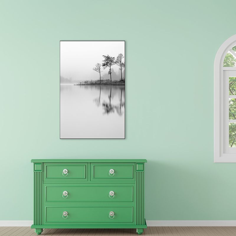 Strukturierte Leinwandmalerei im Vintage-Stil im Flussufer-Landschafts-Wand-Kunst-Dekor in Grau
