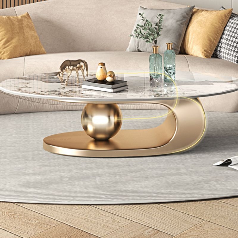 Elliptical Stone Glam Abstract Coffee Cocktail Table with Floor Shelf