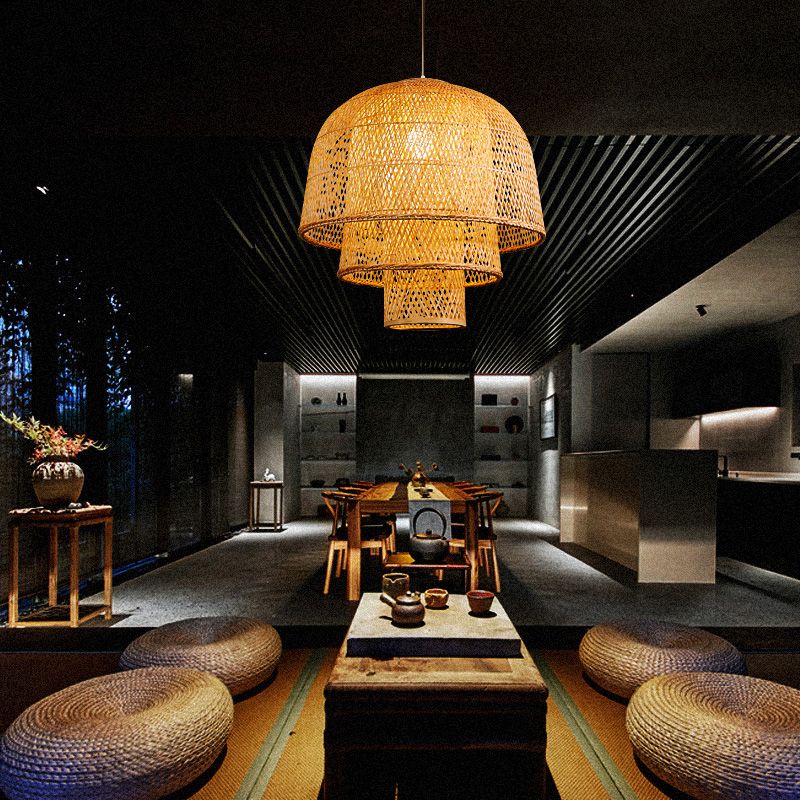 Layered Bamboo Suspension Lighting Minimalist 1 Head Wood Pendant Ceiling Light for Tea Room
