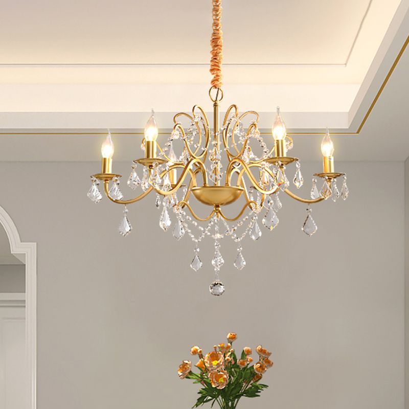 Lámpara de suspensión de latón 6 bulbos de techo de vela de metal con hilos de cristal