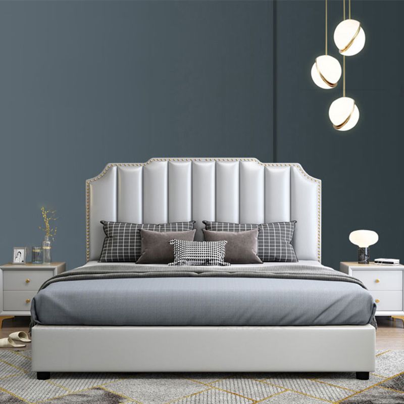 Glam Wood Standard Bed Genuine Leather Bed Frame with Headboard for Bedroom