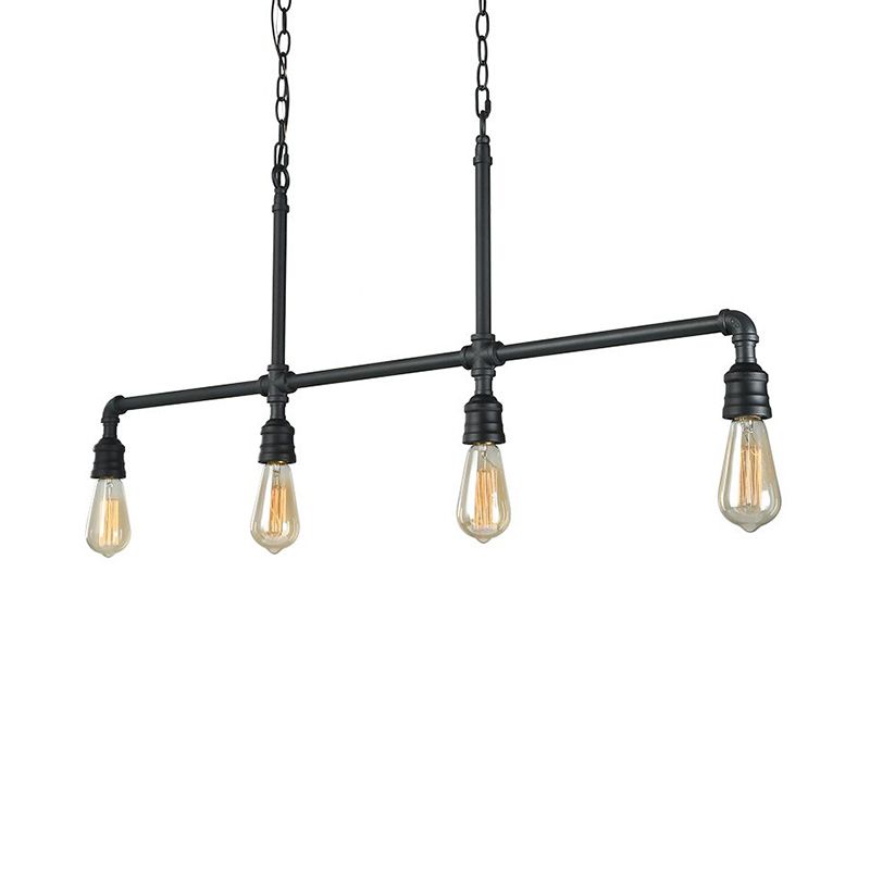 Black 4-Head Island Lighting Rustic Style Metal Linear Piped Hanging Lighting for Living Room